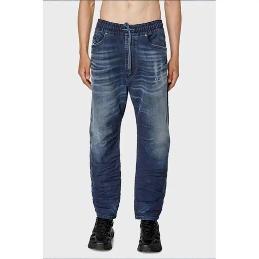 Blue denim jogger and drawstring pants for men showcasing comfortable casual wear