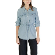 Blue denim drawstring shirt displayed as product named Blue Denim Drawstring Shirt