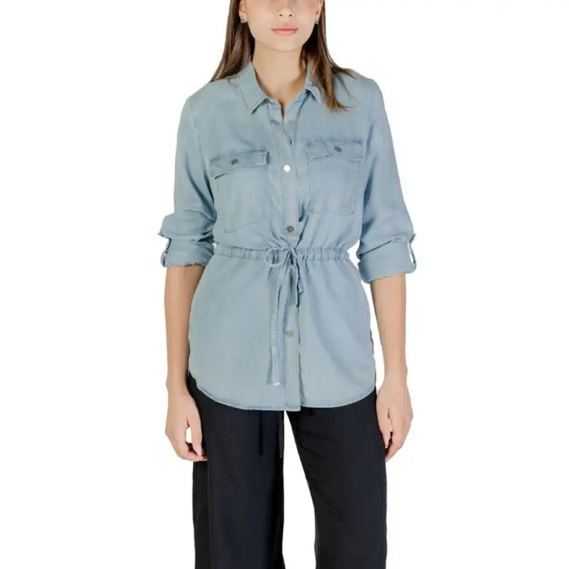 Blue denim drawstring shirt displayed as product named Blue Denim Drawstring Shirt