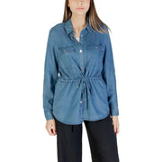 Blue denim drawstring shirt displayed in a product image