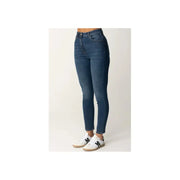 Dark wash blue denim high waisted skinny jeans displayed in a product image