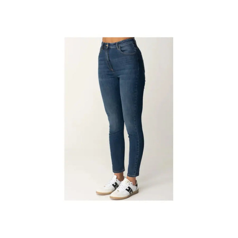 Dark wash blue denim high waisted skinny jeans displayed in a product image
