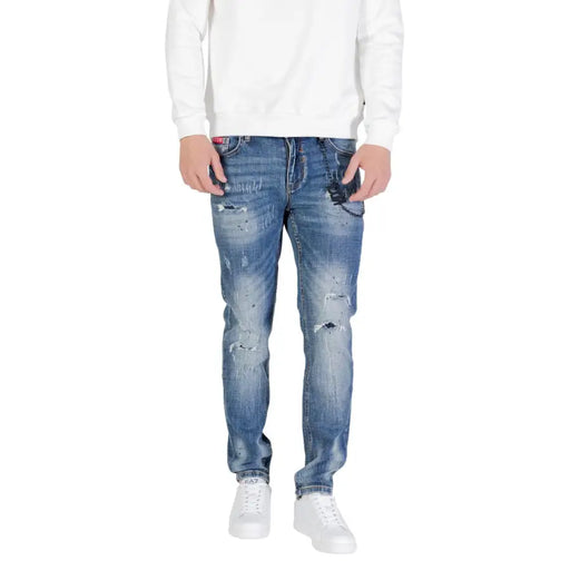 Blue distressed denim jeans with white stitching and pockets, featuring a popular brand’s signature design.