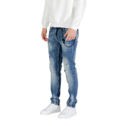 Blue distressed cotton stretch jeans for men with ripped details and a chain accessory on the front pocket