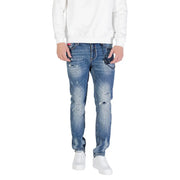 Blue distressed cotton stretch jeans for men with faded wash and intentional rips at the knees