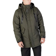 Olive green parka with hood and multiple pockets, likely made of nylon or polyester.