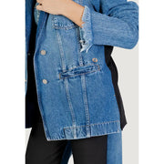 Blue long sleeve blazer for women made of denim with frayed cuffs silver buttons and front pockets