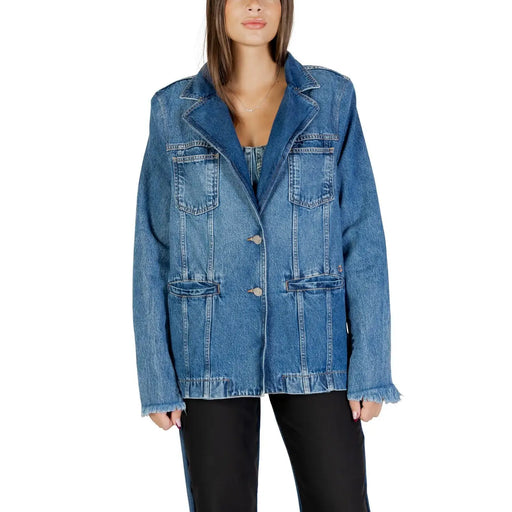 Blue long sleeve denim blazer for women with frayed cuffs, button closures, and front pockets