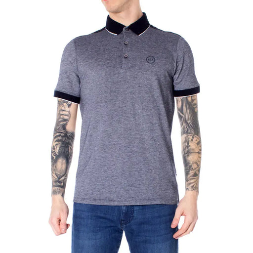 Charcoal gray polo shirt with black trim and logo, made of cotton.