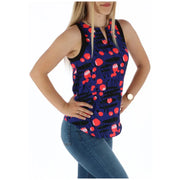 Blue patterned sleeveless top with red and black design for stylish summer wear