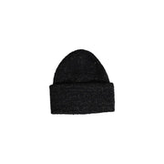 Black knit beanie with ribbed cuff and shimmer, blue polyester fall winter cap