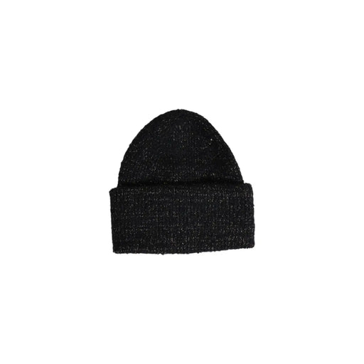 Black knit beanie with ribbed cuff and shimmer, blue polyester fall winter cap