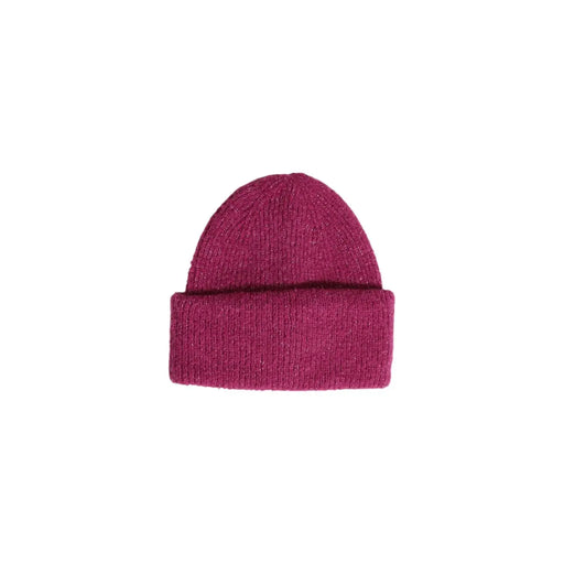 Ribbed magenta knit beanie with folded cuff, blue polyester womens fall winter cap