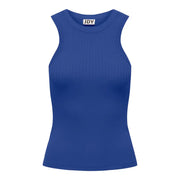 A royal blue ribbed sleeveless tank top with a round neckline and jdy brand tag at the collar
