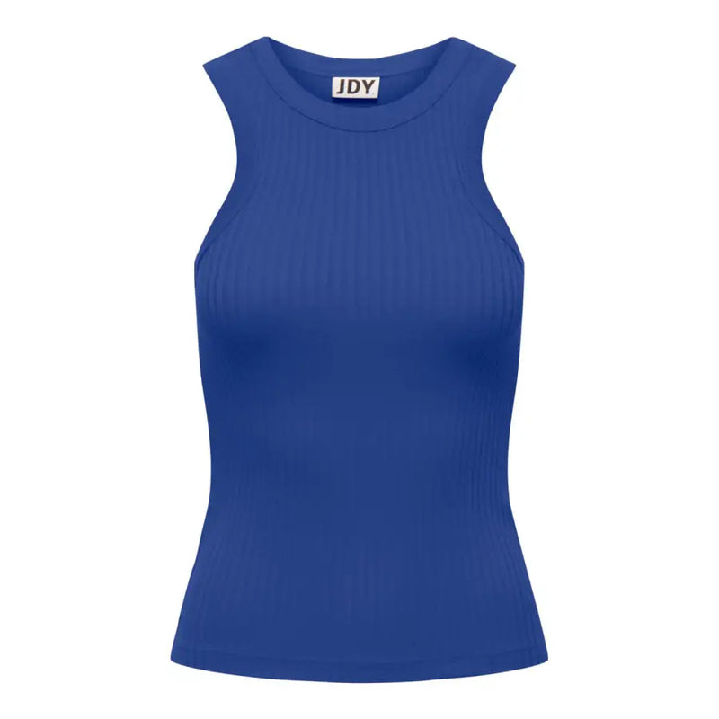 A royal blue ribbed sleeveless tank top with a round neckline and jdy brand tag at the collar