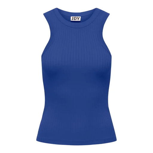 A royal blue ribbed sleeveless tank top with a round neckline and jdy brand tag at the collar