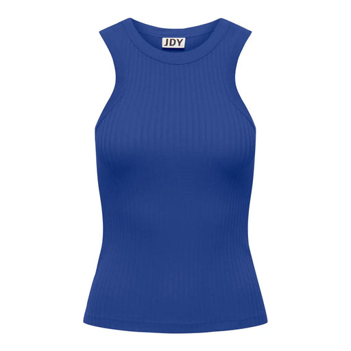 A royal blue ribbed sleeveless tank top with a round neckline and jdy brand tag at the collar