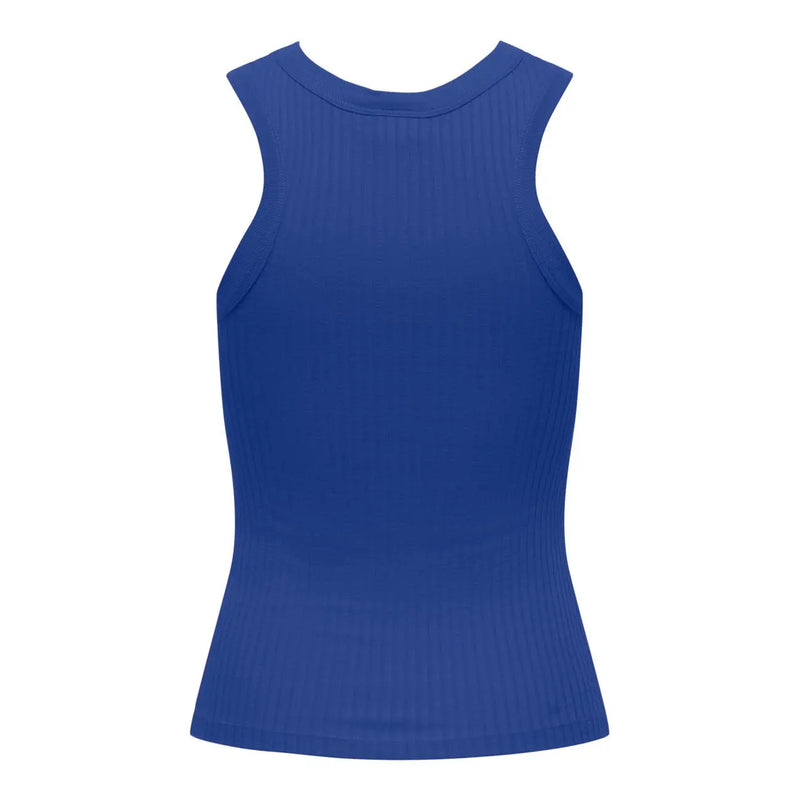 A vibrant royal blue ribbed knit sleeveless tank top with a rounded neckline for casual wear