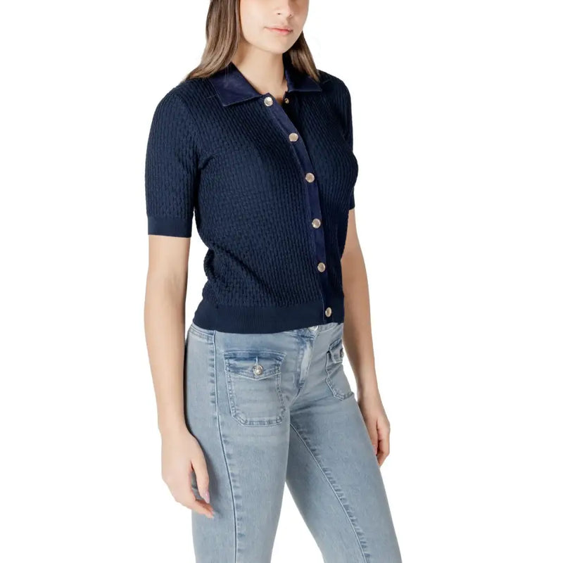 Navy blue textured knit polo shirt with contrasting dark navy collar and gold-toned automatic buttons by Morgan De Toi