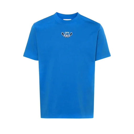 Blue short-sleeved Off-white t-shirt featuring a small embroidered off logo and butterfly design on the chest