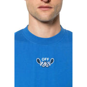 Blue short-sleeved Off-white t-shirt featuring a crewneck and white black embroidered paisley design with off text