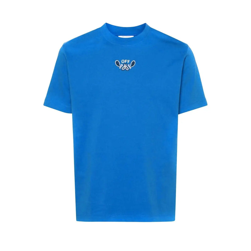 Blue short-sleeved Off-white t-shirt featuring a small embroidered off logo and butterfly design on the chest
