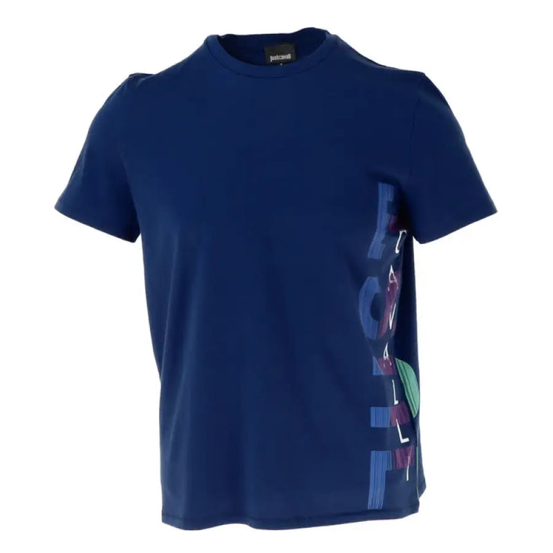 Blue short-sleeved T shirt featuring a colorful side graphic from White Short Sleeve T Shirt collection
