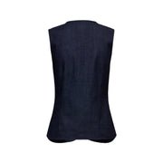 Dark blue denim sleeveless button front cotton blend gilet with fitted tailored silhouette for stylish layering