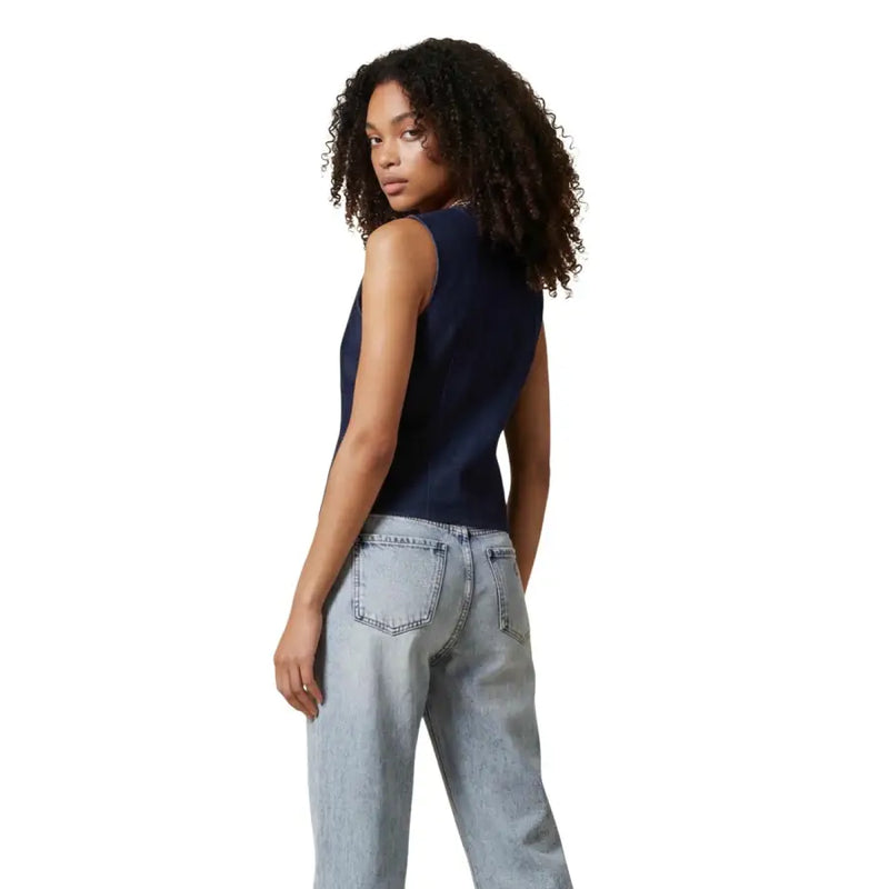 Navy blue sleeveless button front cotton blend gilet showcasing the front design and fabric texture