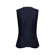 Dark blue denim sleeveless button front cotton blend gilet with fitted tailored silhouette for stylish layering