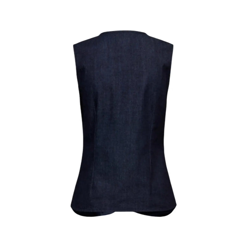 Dark blue denim sleeveless button front cotton blend gilet with fitted tailored silhouette for stylish layering