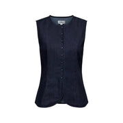 Blue sleeveless button front cotton blend gilet in dark blue suede with central button closure and subtle pleating at hem