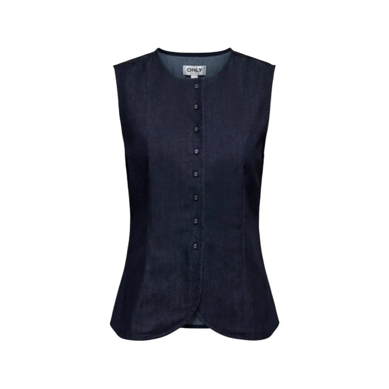 Blue sleeveless button front cotton blend gilet in dark blue suede with central button closure and subtle pleating at hem