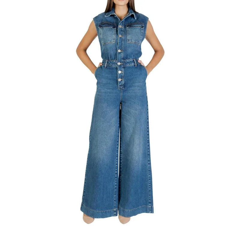 Blue sleeveless denim jumpsuit by Colcci with button front, front pockets, and wide leg design