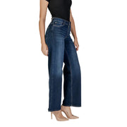 Blue stretch cotton denim jeans for women, dark blue high-rise wide-leg fit
