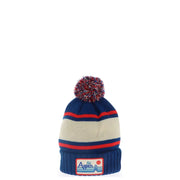 Aspen ski beanie with pom-pom, navy and cream stripes.