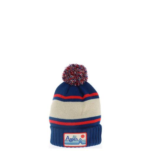Navy blue and cream striped acrylic knit beanie with red accents and a multicolored pom-pom by American Needle