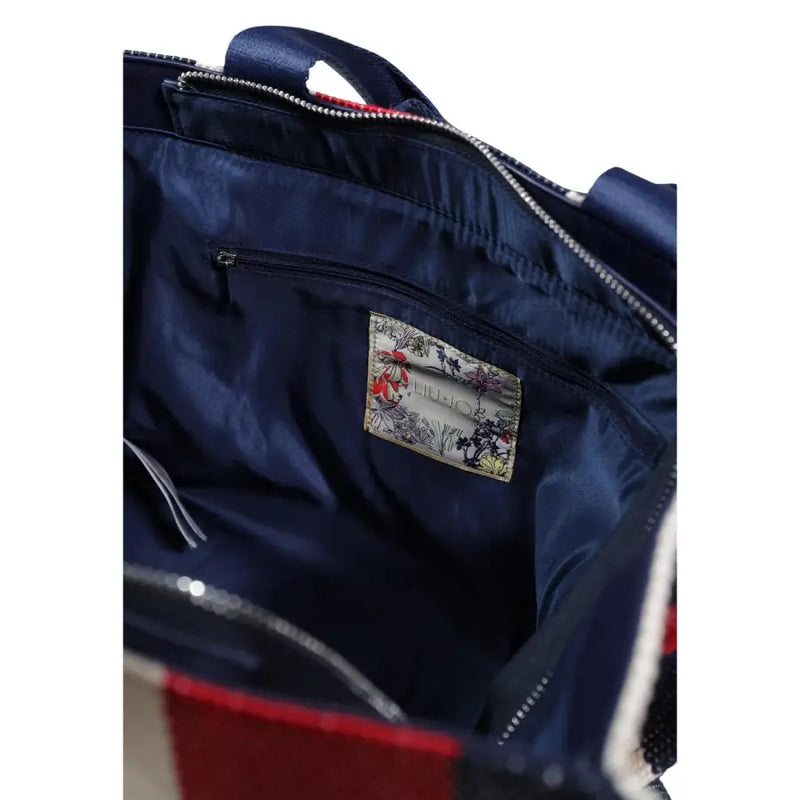 Navy blue nylon tote bag with red and white trim from liu jo blue striped cotton handbag collection
