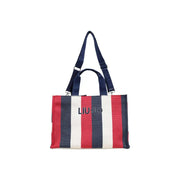 Blue striped cotton handbag by Liu Jo featuring a red white and navy blue striped woven tote with navy strap