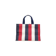 Blue striped cotton handbag by Liu Jo featuring red white and navy blue stripes with woven texture and navy handles