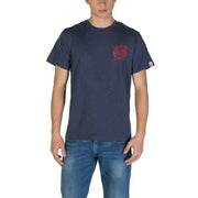 Navy Blue T Shirt with Red Lettering displayed in a product image
