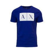 Königsblau Armani Exchange T-Shirt mit auffälligem, weißem, geometrischem Logo und marineblauer Schrift auf der Vorderseite
