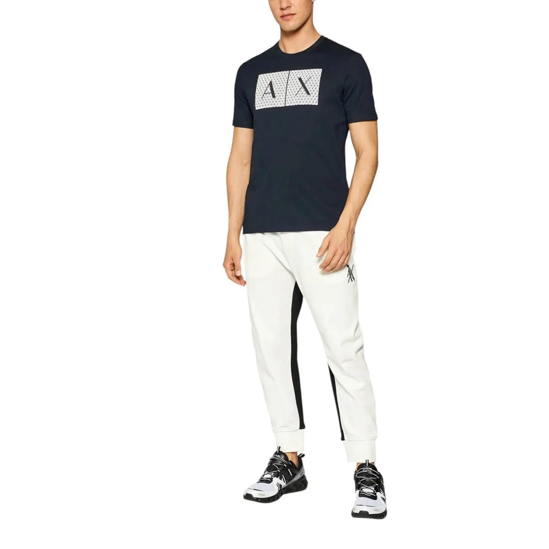 Navy blue short-sleeved t shirt with a white geometric AX logo across the chest for casual wear