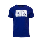 Royal blue Armani Exchange t shirt with bold white geometric logo and navy lettering on the front