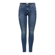 Slim-fit medium-wash blue jeans with distressed details, front and back pockets