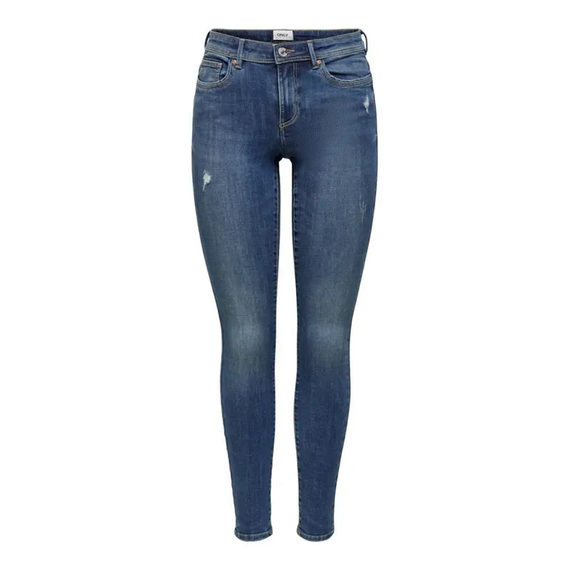 Slim-fit medium-wash blue jeans with distressed details, front and back pockets