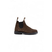 Brown suede Blundstone men leather Chelsea boot with black rubber sole and elastic side panels for winter footwear