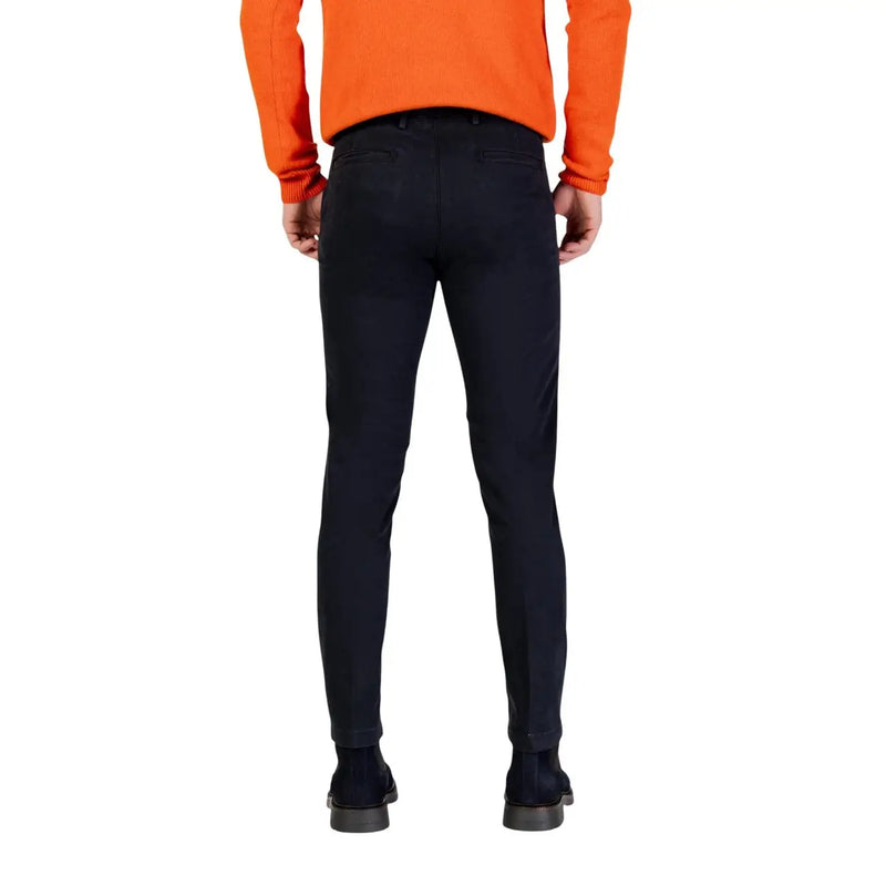 Black slim-fit Borghese men trousers with smooth tailored fabric and classic back pockets shown from the back side