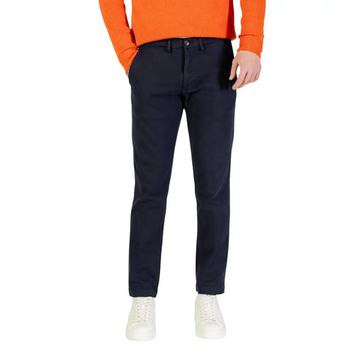 Navy blue slim fit chino pants with classic five-pocket design from borghese men trousers collection
