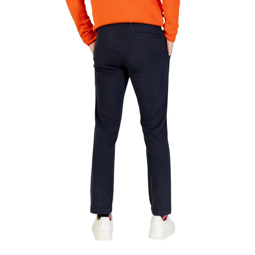 Navy blue slim fit chino trousers with subtle creases from borghese men trousers collection
